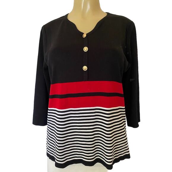 Exclusively Misook Top Sweater 3/4 Sleeve Knit Black Red White Striped V… - Picture 1 of 6